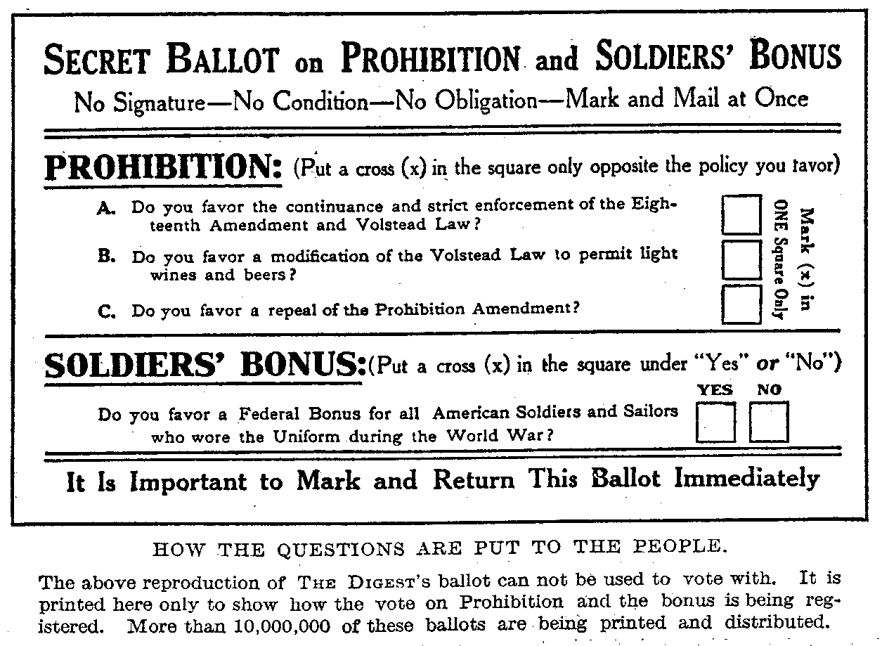 Secret Ballot on Prohibition and Soldiers' Bonus