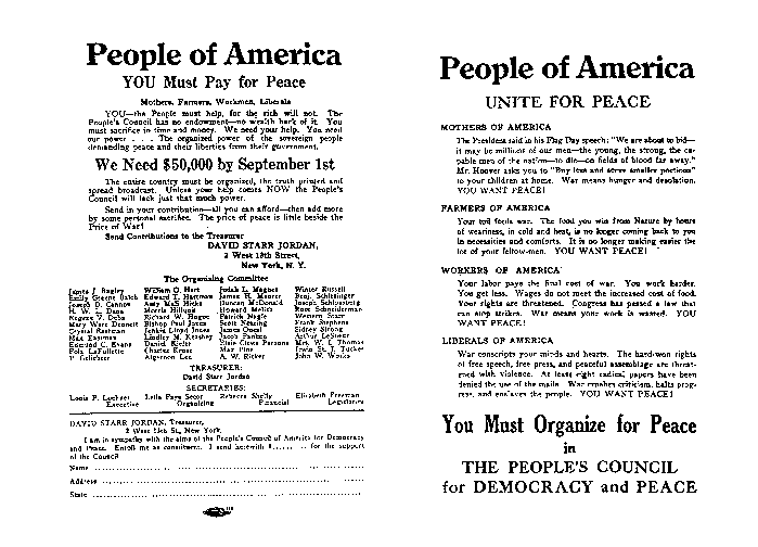 Recruitment and fundraising flyer for the People's Council, circa summer 1917