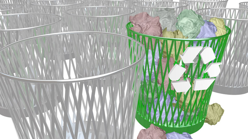 photo depicting recycling container and trash cans